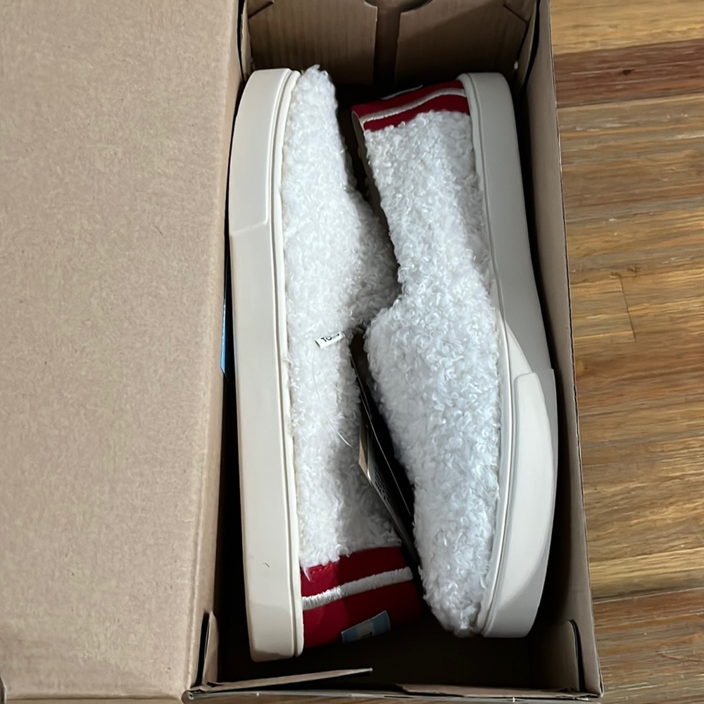Toms Alpargata Cupsole Natural Faux Shearling Slip On Red White Size 6